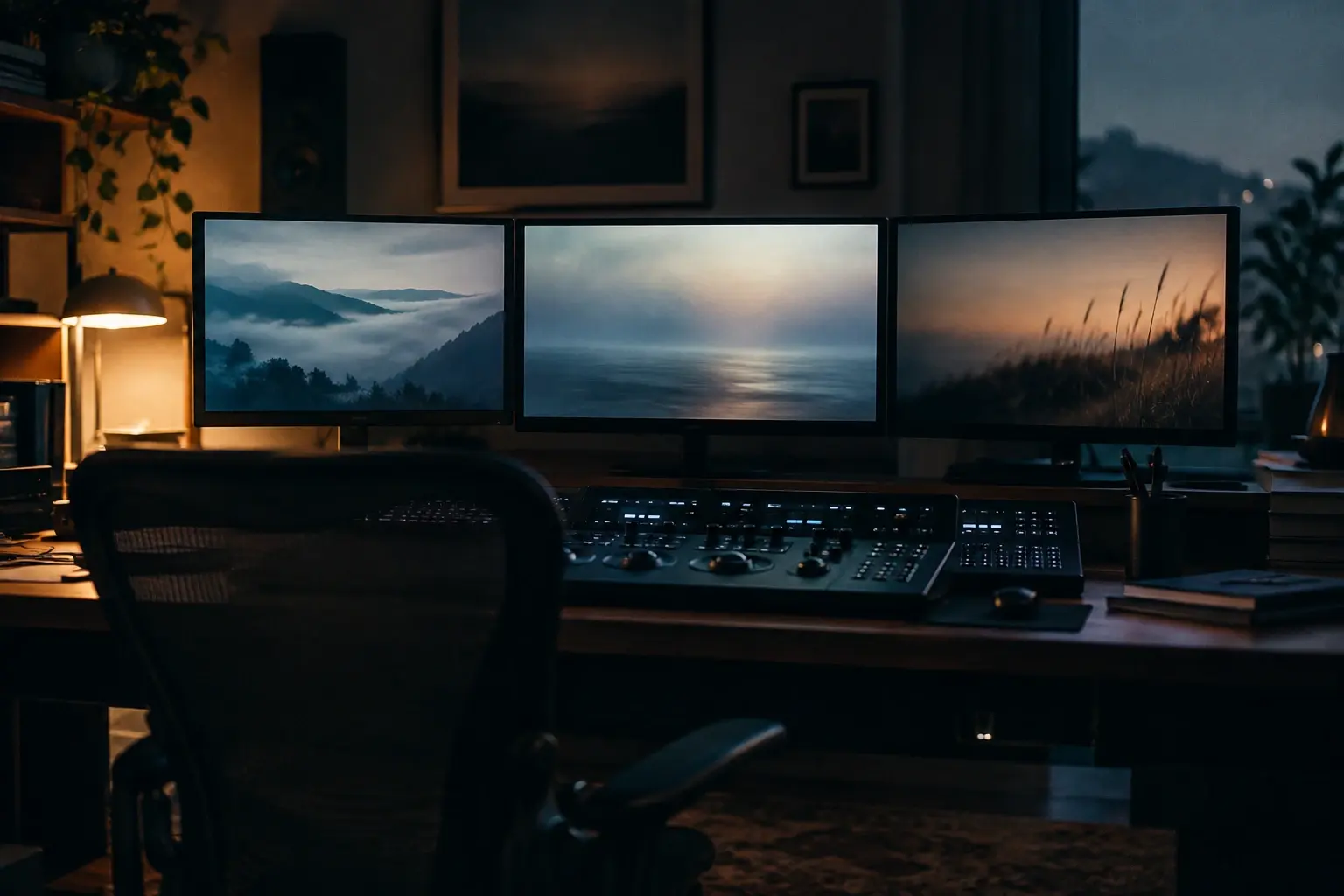 Une salle de montage sombre, avec plusieurs écrans montrant des images abstraites et une console éclairée au premier plan.