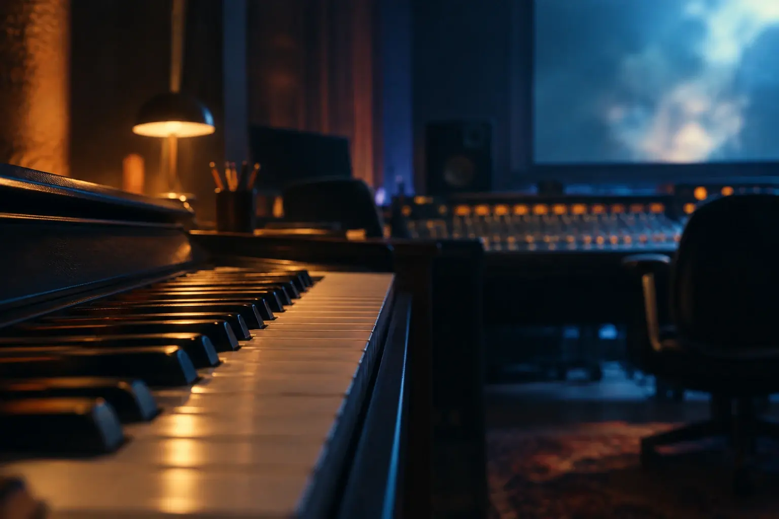 Clavier de piano éclairé dans un studio de son, avec une console de mixage floue en arrière-plan.