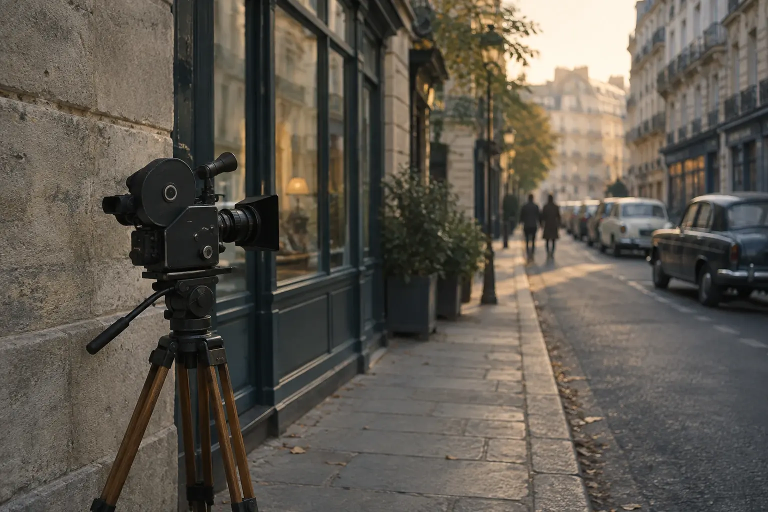 Une caméra de cinéma ancienne installée sur un trottoir parisien vide, face à une rue baignée d’une lumière douce.
