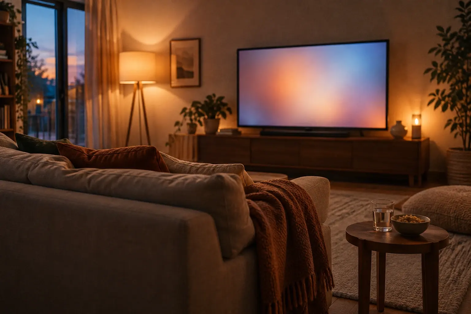 Salon préparé pour une séance de cinéma en famille, avec coussins, couverture, boisson et lumière douce.