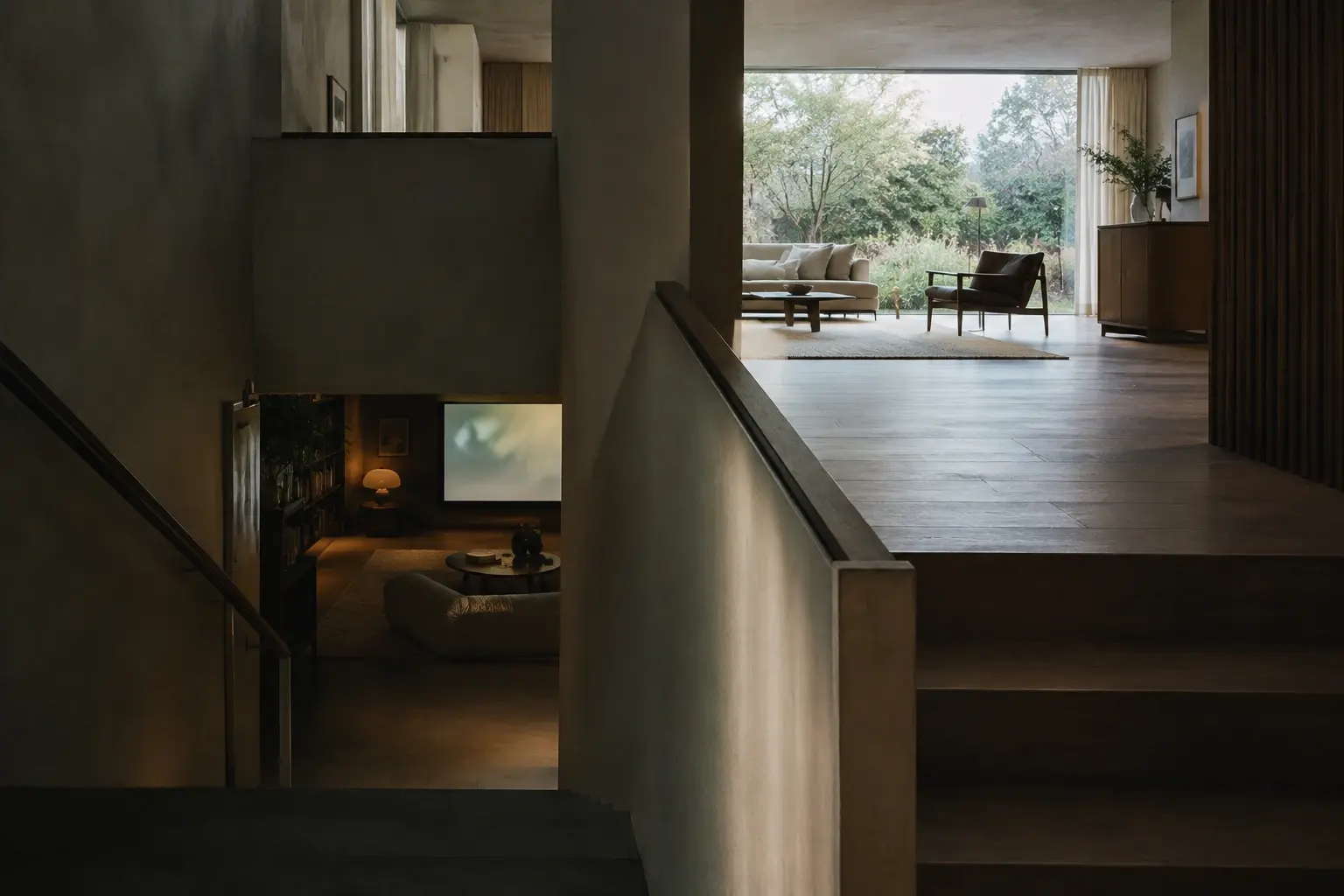 Intérieur contemporain à niveaux décalés, avec un escalier reliant une pièce ombragée à un espace ouvert sur le jardin.