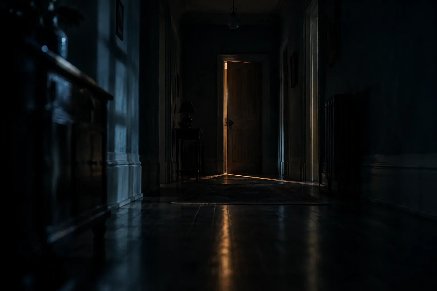 Un couloir sombre mène à une porte entrouverte, éclairée par une mince bande de lumière dans une maison silencieuse.