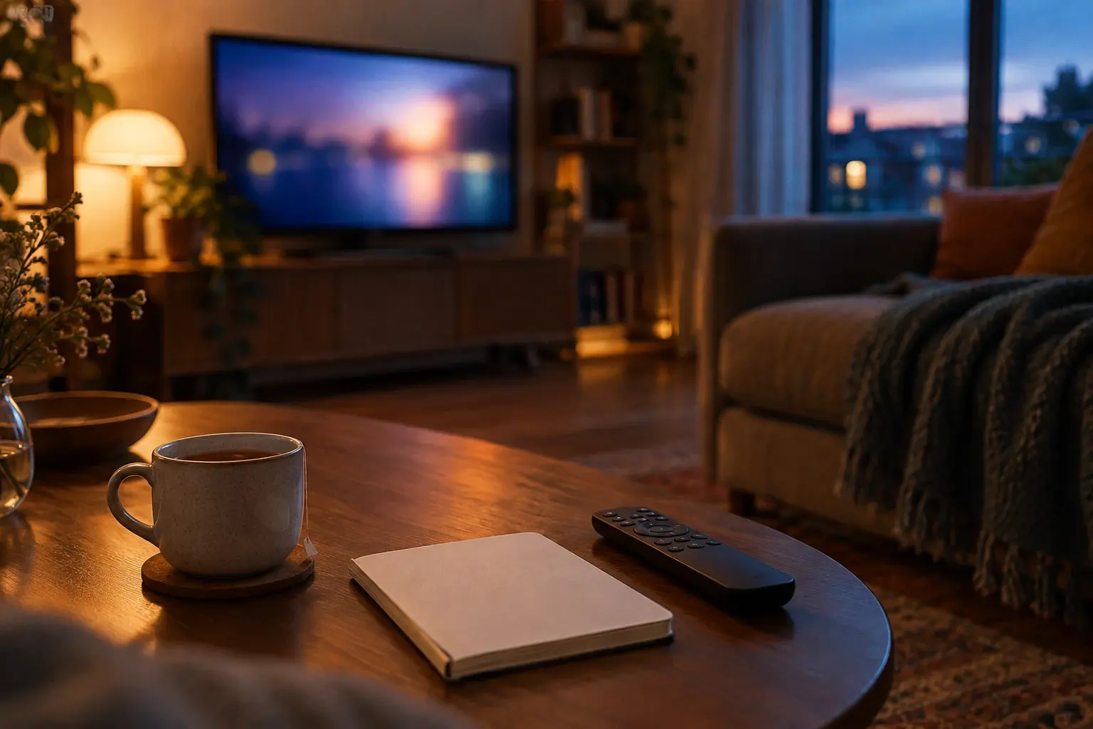Un salon calme au crépuscule, avec un écran lumineux, une télécommande et un carnet posés près d’une tasse de thé.