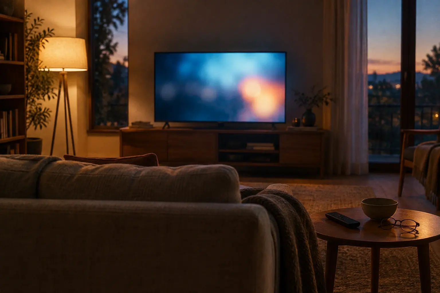 Un téléviseur diffuse une image floue dans un salon calme, avec une télécommande posée sur une table basse.