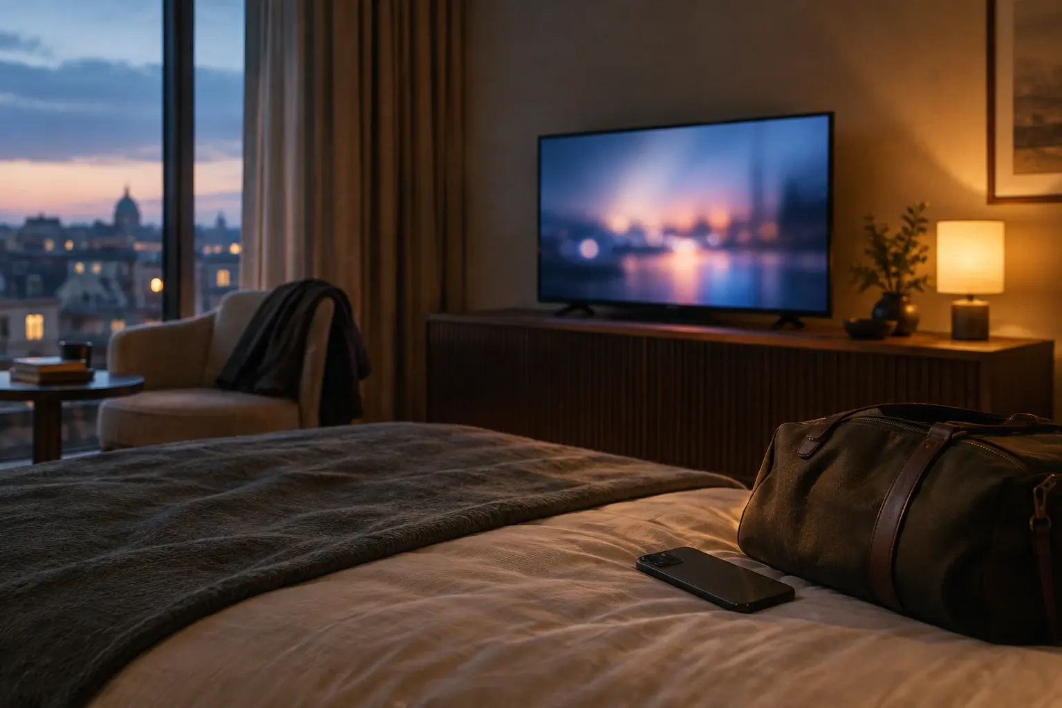Téléviseur dans une chambre d’hôtel, avec un téléphone et un sac de voyage posés à proximité.