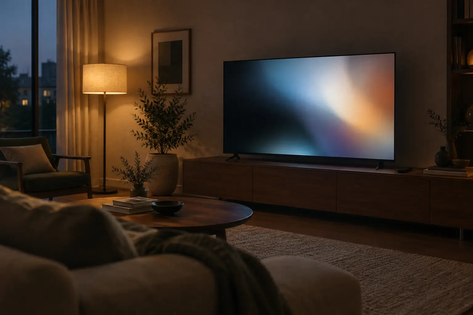 Téléviseur affichant des dégradés neutres dans un salon éclairé doucement, avec une télécommande posée sur le meuble.