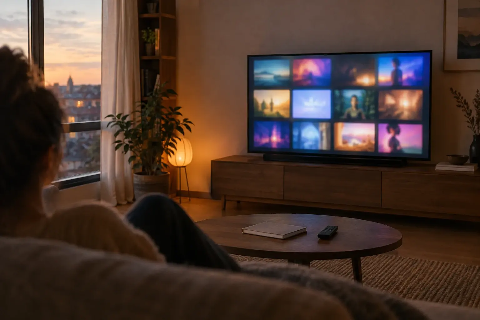 Téléviseur affichant une grille abstraite de programmes à revoir, avec une télécommande posée sur une table basse.