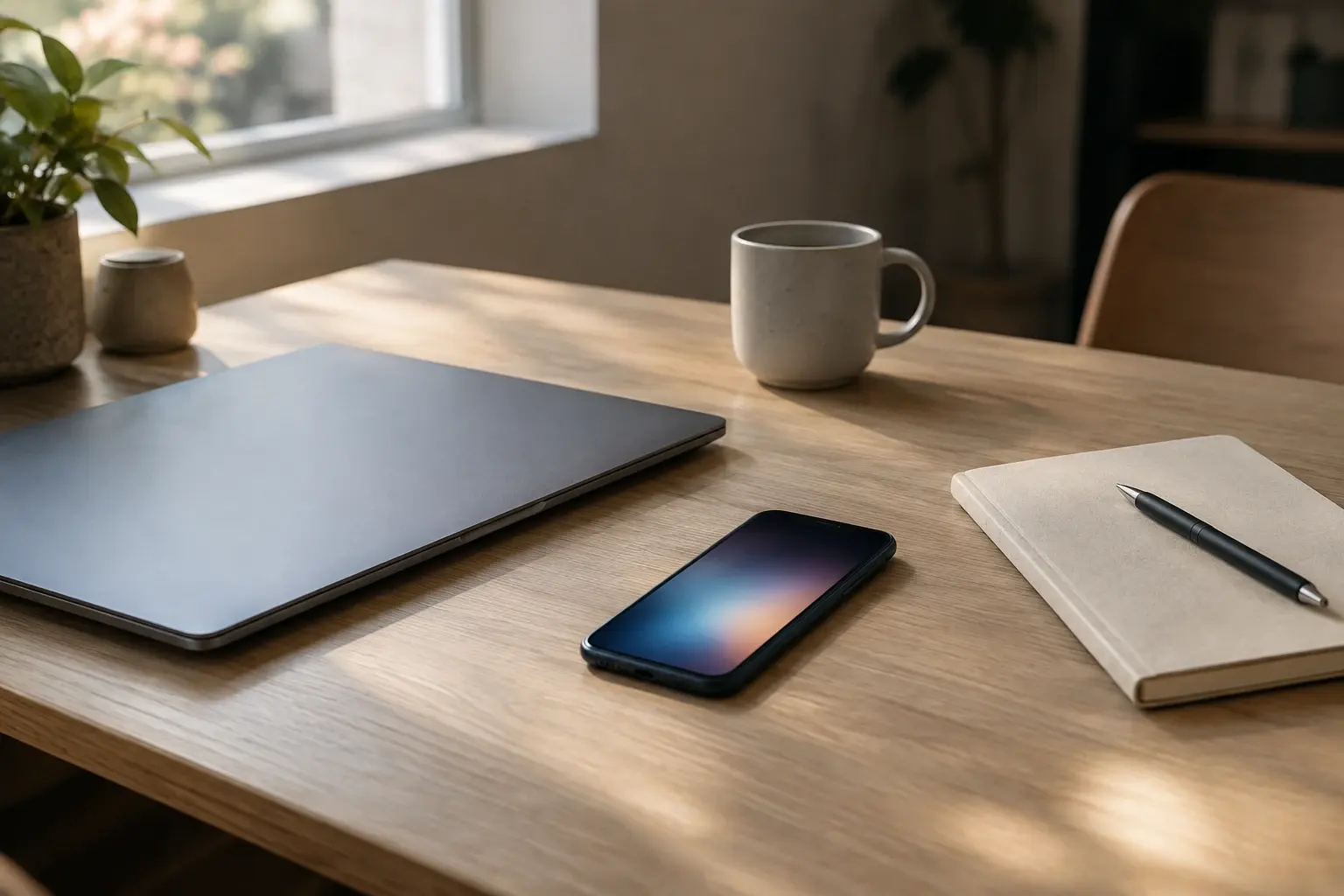 Un ordinateur portable fermé, un téléphone et un carnet sur une table claire évoquent la gestion d’un abonnement de streaming.