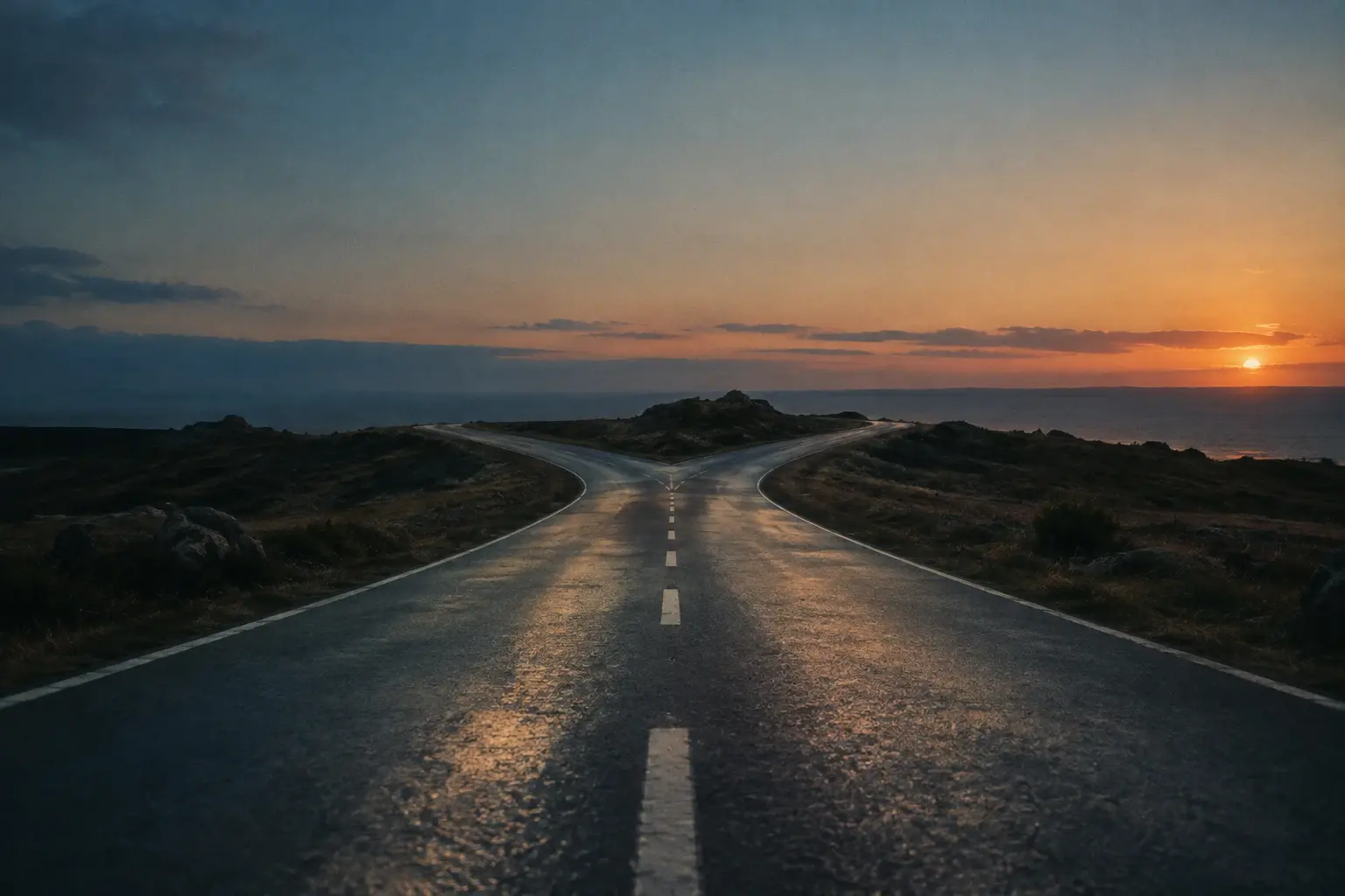 Une route vide se prolonge vers un horizon crépusculaire, évoquant la fin d’un parcours et les choix qui restent.