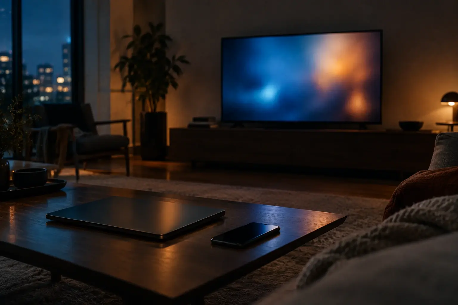 Télévision aux lueurs abstraites dans un salon sombre, avec un ordinateur fermé et un téléphone posés sur une table.