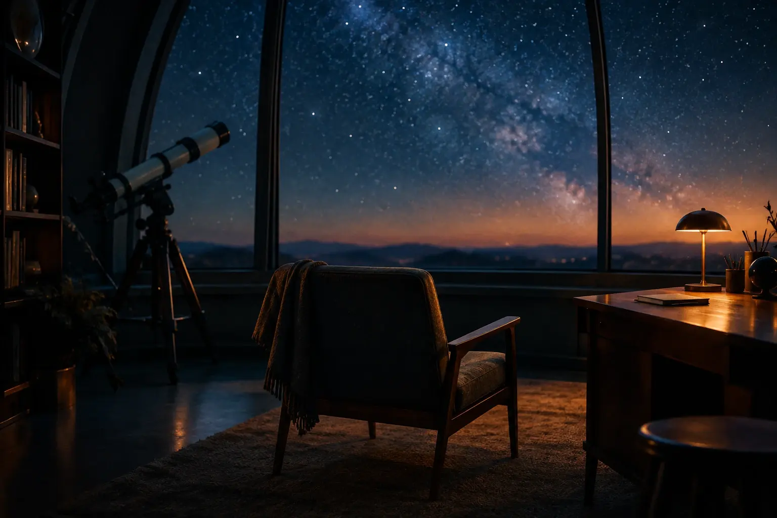 Une chaise vide face à une fenêtre étoilée, dans un observatoire éclairé par une lampe douce.