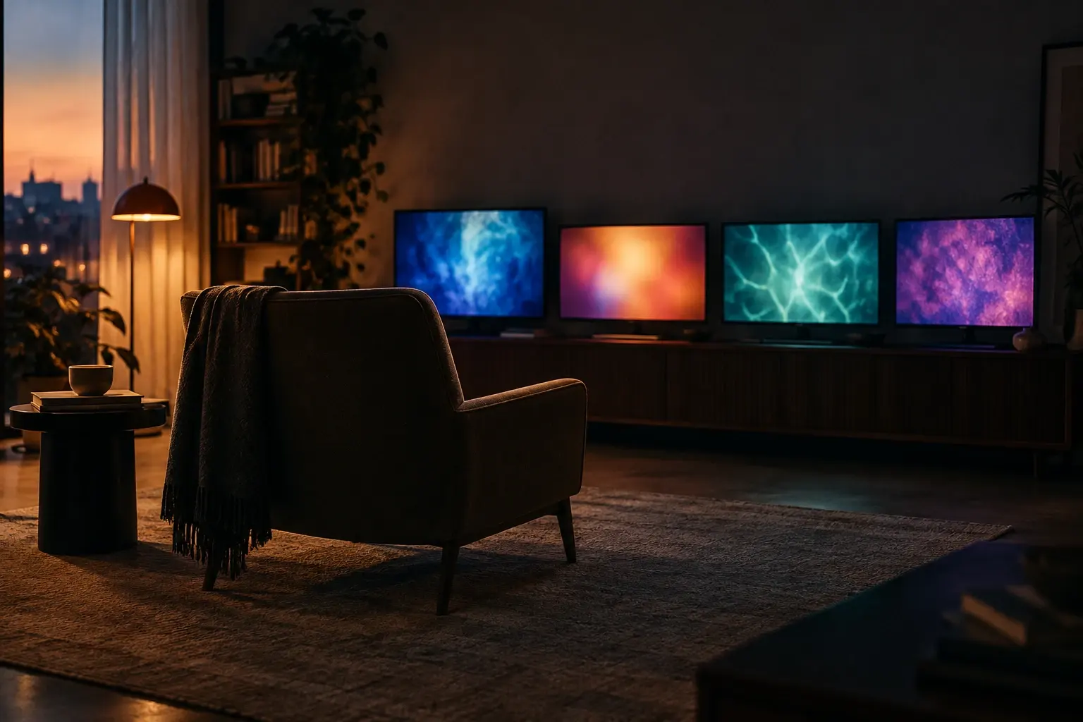 Un fauteuil fait face à plusieurs écrans lumineux aux ambiances abstraites différentes, dans un salon calme au crépuscule.