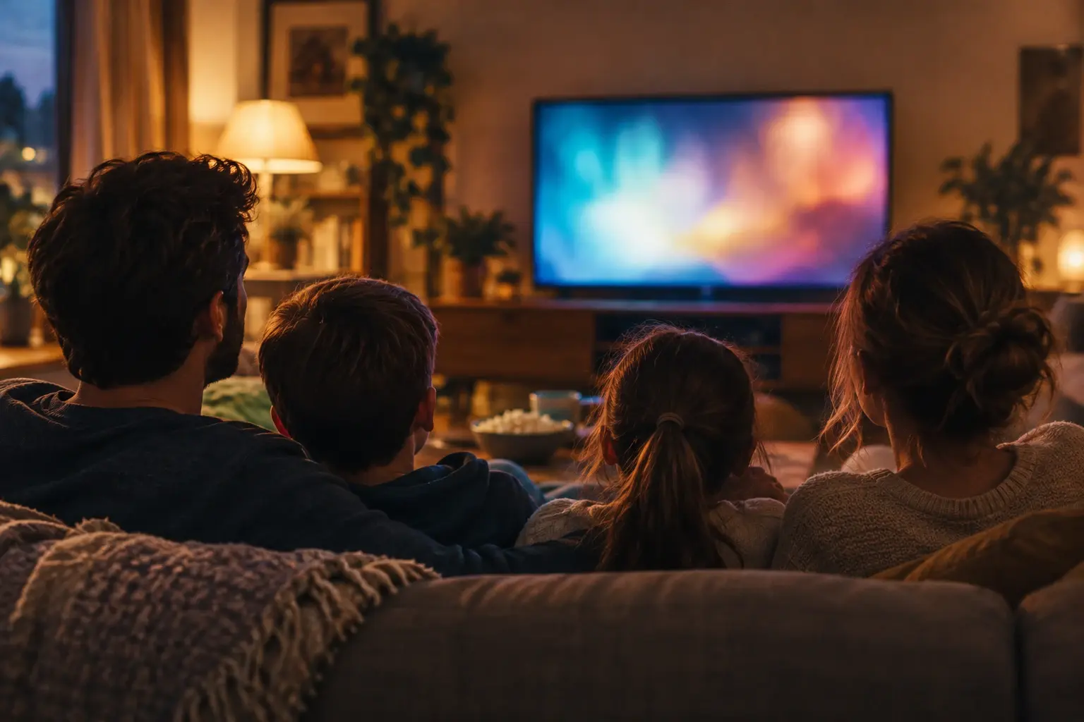 Une famille réunie sur un canapé regarde un programme animé dans un salon éclairé par une lumière douce.