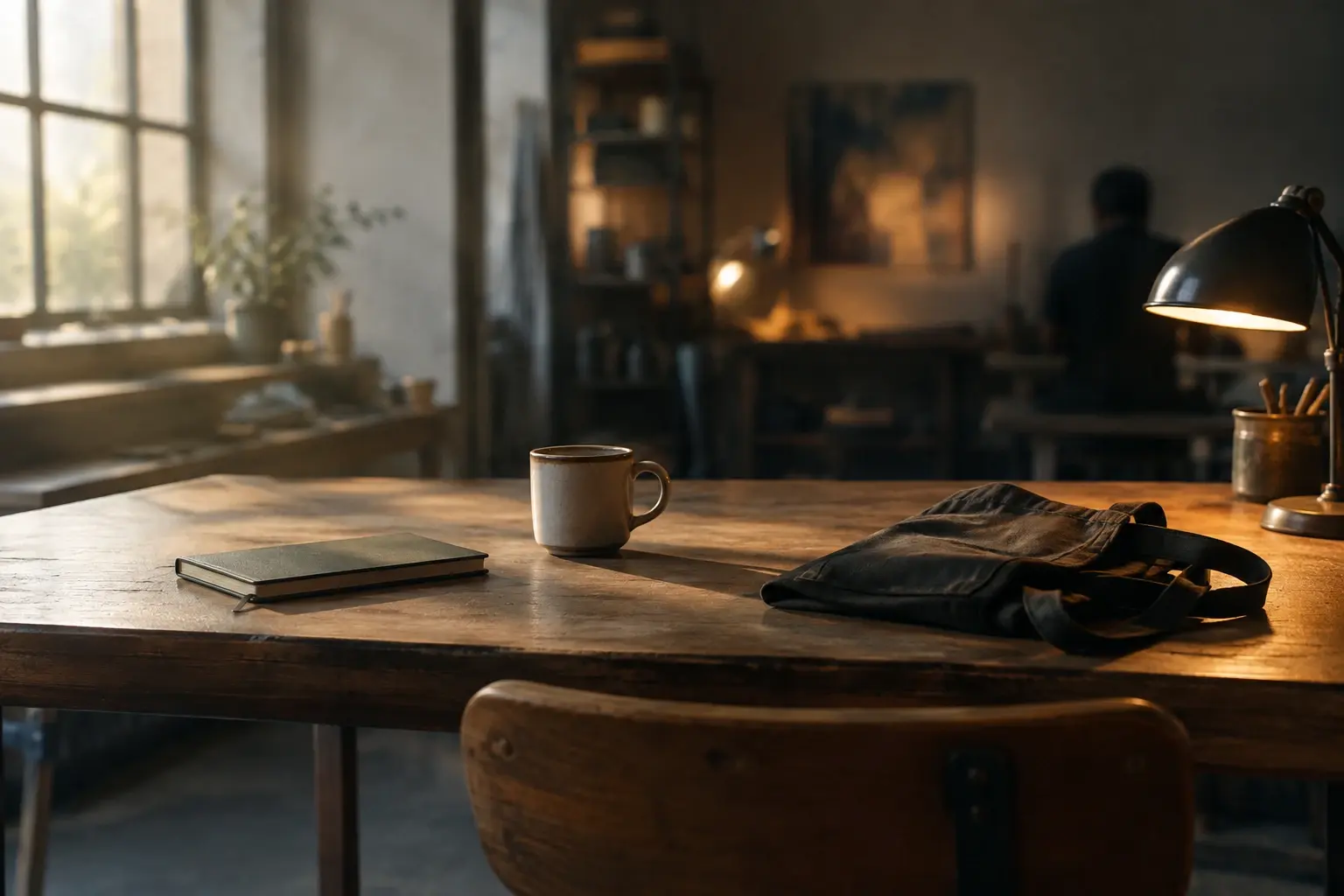 Une table de travail vide, éclairée par une lampe, avec un carnet fermé, une tasse et un tablier plié.