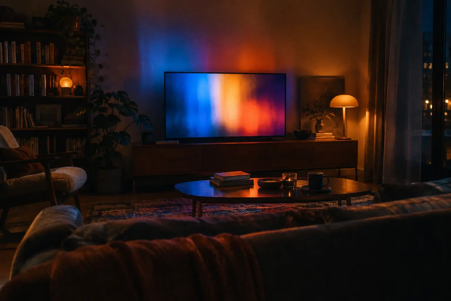 Un salon plongé dans la pénombre, face à un écran lumineux dont les couleurs suggèrent plusieurs univers de fiction.