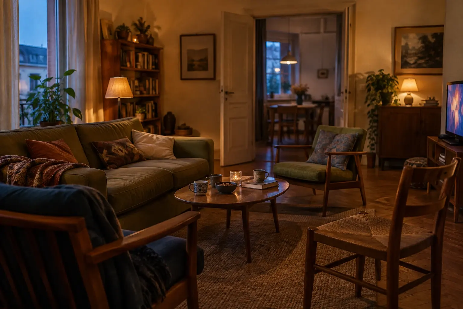 Un salon chaleureux, avec un canapé, des fauteuils et une table basse, évoque un décor familier de sitcom.