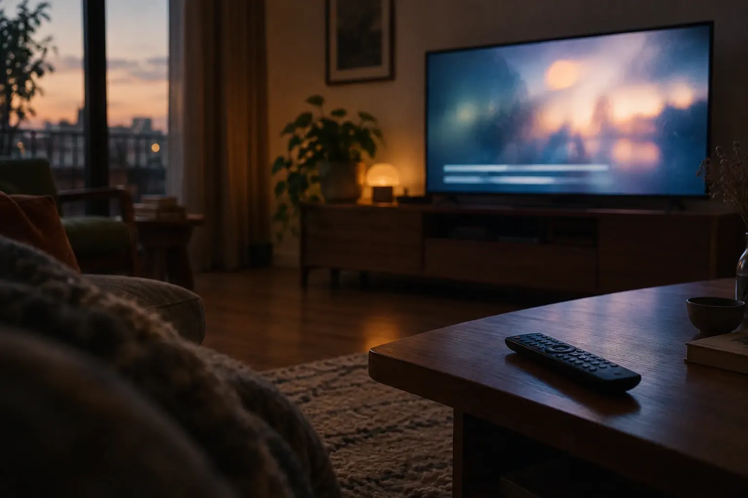Un téléviseur et une télécommande dans un salon calme, avec des bandes lumineuses évoquant des sous-titres à l’écran.
