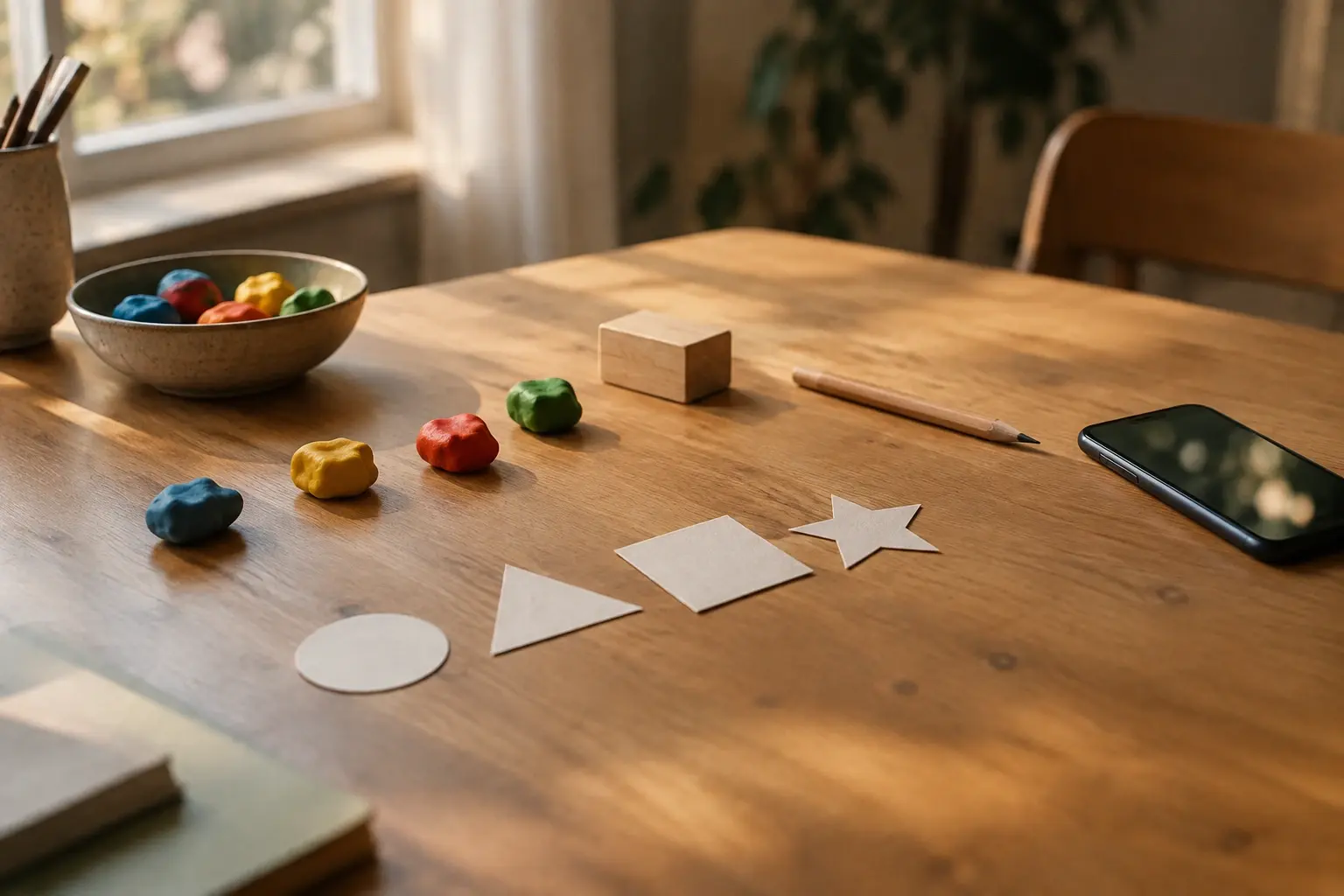 Des objets simples et de la pâte à modeler disposés sur une table pour une expérience d’animation image par image.