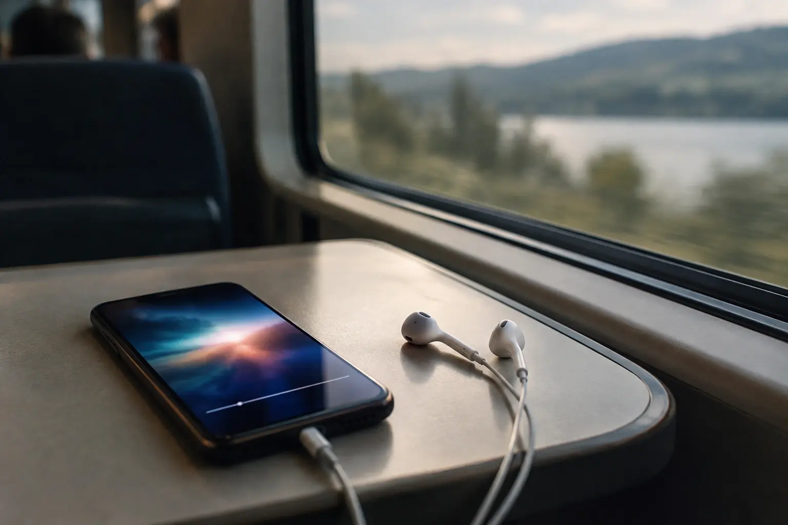Un smartphone et des écouteurs posés près d’une fenêtre de train, évoquant le visionnage mobile en déplacement.