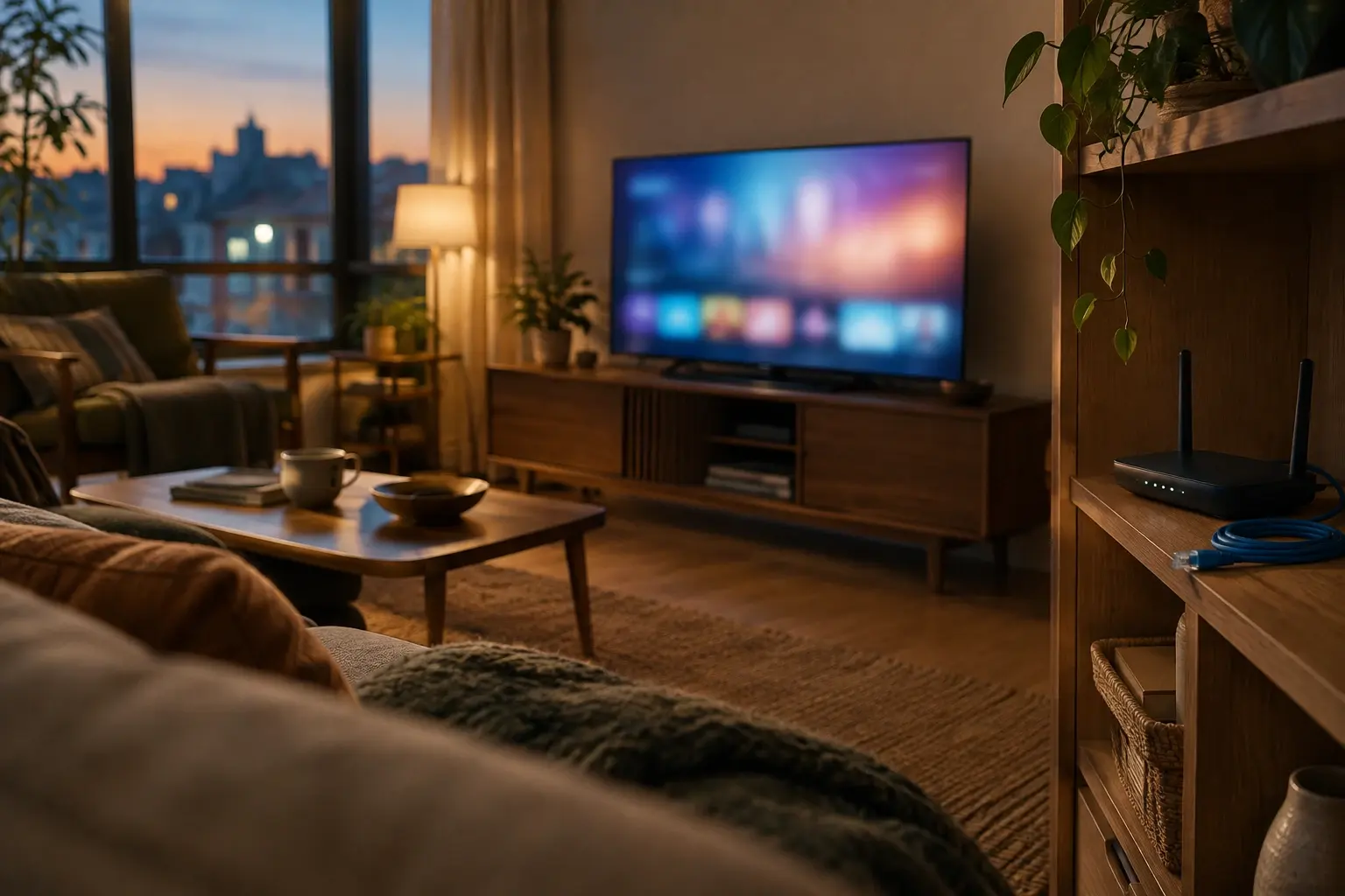 Téléviseur et box Wi-Fi dans un salon, avec un câble réseau posé à proximité pour évoquer un test de connexion.