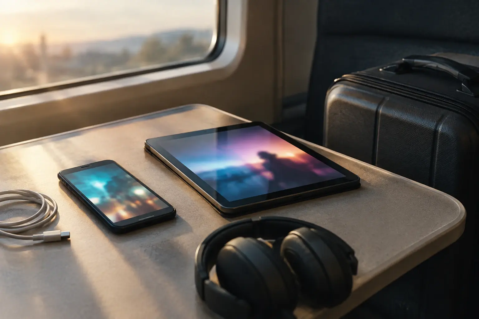 Un téléphone et une tablette posés près d’un bagage, prêts pour un visionnage hors ligne pendant un déplacement.