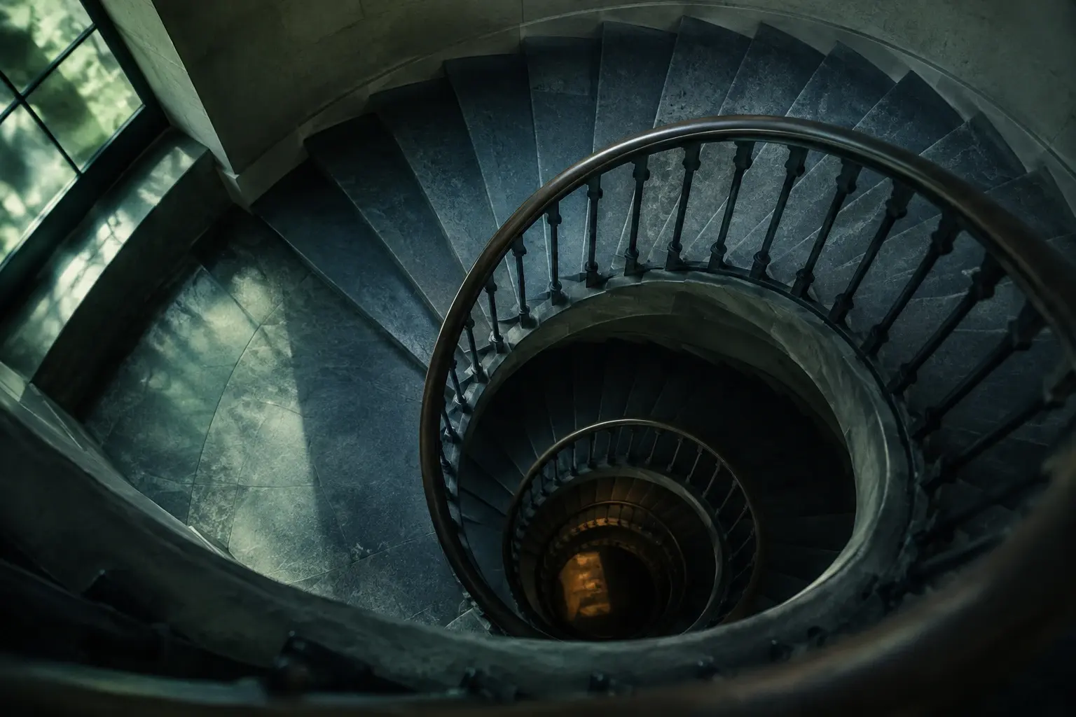 Escalier en spirale vu du haut, ses marches s’enfoncent dans l’ombre sous une lumière froide teintée de vert.