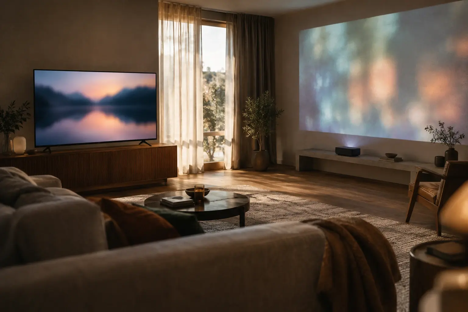 Un téléviseur et un vidéoprojecteur font face à un mur de projection dans un salon éclairé par la lumière filtrée des rideaux.